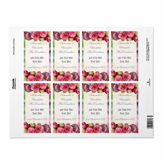 Roze roze roze florale romantische trouwwijn fles etiket (Full Sheet)
