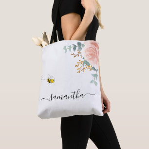Roze roze roze goud florale naam script tote bag