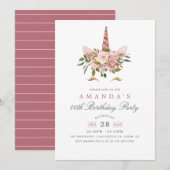 Roze Roze & Roze Gouden Bloem Eenhoorn Verjaardag Kaart (Voorkant / Achterkant)