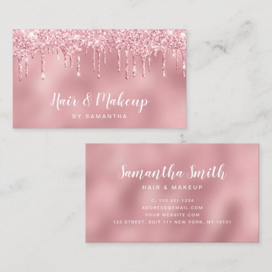 Roze roze roze goudglitter druppelt haar en make-u visitekaartje (Voorkant / Achterkant)