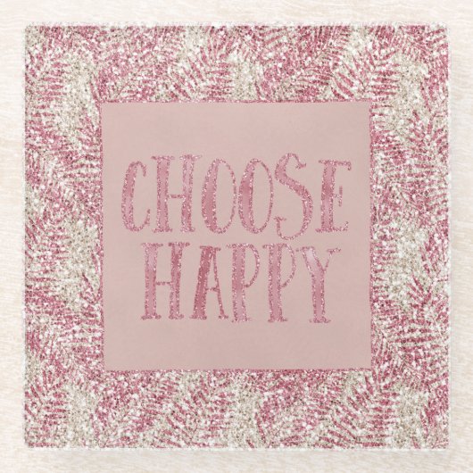 Roze roze roze kreeft Glitter Glitz Tropische Blad Glazen Onderzetter (Voorkant)