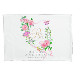 Roze roze roze lint monogram wit kussensloop