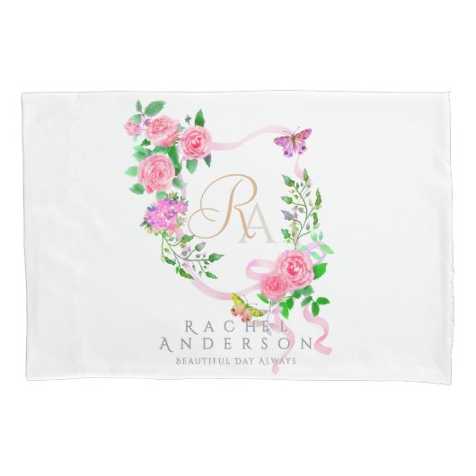 Roze roze roze lint monogram wit kussensloop (Voorkant)