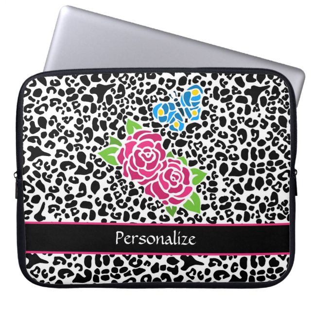 Roze roze roze mozaïekluipaard met naam laptop sleeve (Voorkant)