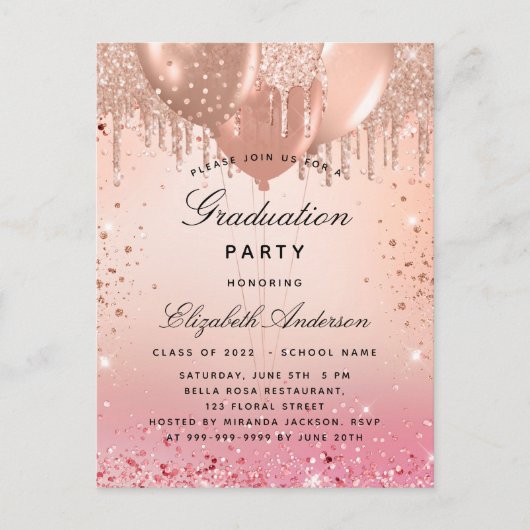 Roze roze roze roze goudballonnen uitnodiging briefkaart (Voorkant)