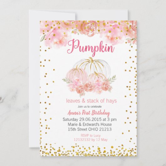 Roze roze roze roze goudpompoen 1ste verjaardag kaart (Voorkant)