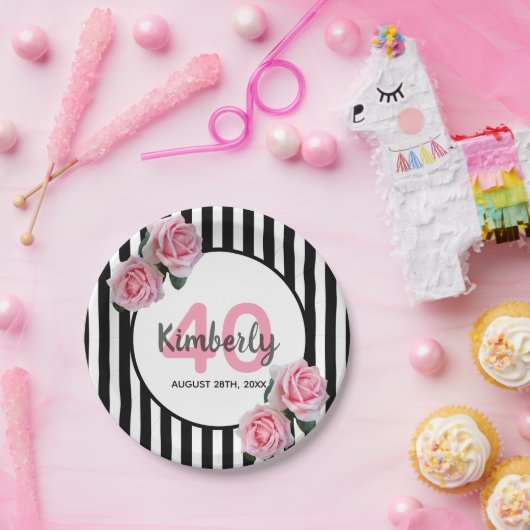 roze roze roze rozen zwarte witte strepen papieren bordje (Feest)