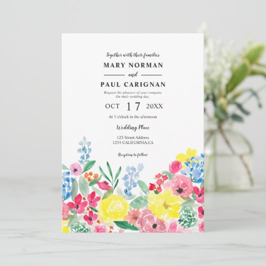 Roze roze roze waterverf groene bruiloft kaart (Staand voorkant)