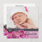 Roze Roze Roze Zwarte Foto Geboorteaankondigingen Aankondiging (Voorkant / Achterkant)