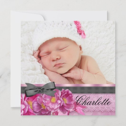 Roze Roze Roze Zwarte Foto Geboorteaankondigingen Aankondiging (Voorkant)