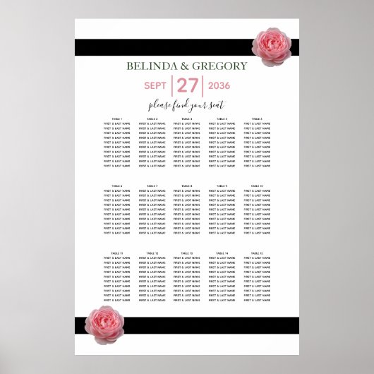 Roze roze roze zwarte ribbon Wedding Seding Chart Poster (Voorkant)