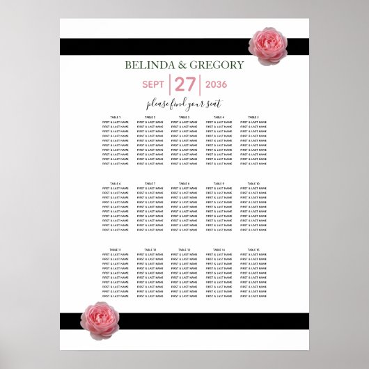 Roze roze roze zwarte ribbon Wedding Seding Chart Poster (Voorkant)