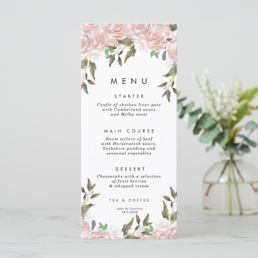 roze roze rozen griekse trouwmenukaarten menu (Staand voorkant)