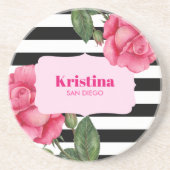 Roze roze rozen roze witte strepen zandsteen onderzetter (Voorkant)