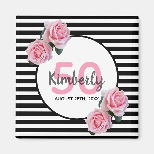 Roze roze rozen rozen zwarte strepen naam magneet (Voorkant)