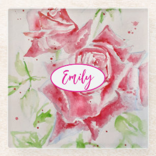 Roze Roze Rozen Waterverf Bloem Bloemen Kunst Glazen Onderzetter