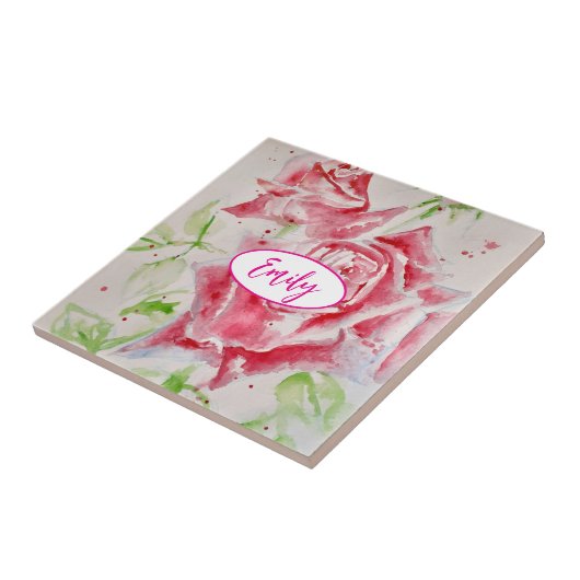 Roze Roze Rozen Waterverf Bloem Bloemen Kunst Tegeltje (Zijkant)