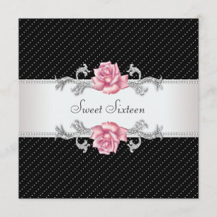 Roze roze rozenzwart Sweet16 Birthday Party Kaart