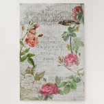 Roze Roze & Typografie Ephemera Legpuzzel<br><div class="desc">Elegante en romantische  roze Franse rozen en vogel op de grungy ecru parchment background met  gegraveerd ornament,  muzieknotatie,  hydrangea en typografie.</div>