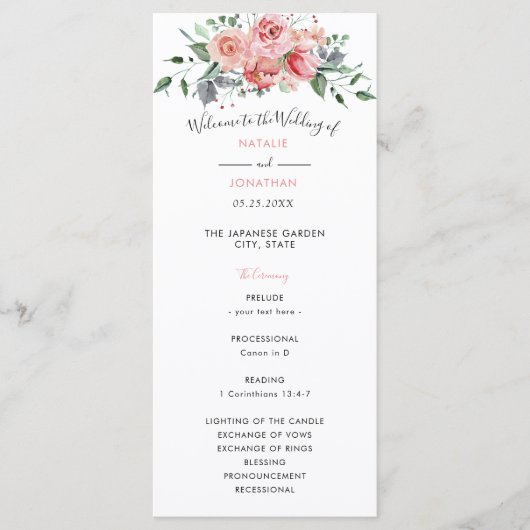 Roze roze waterverf bloemen bruiloft programmakaart (Voorkant)
