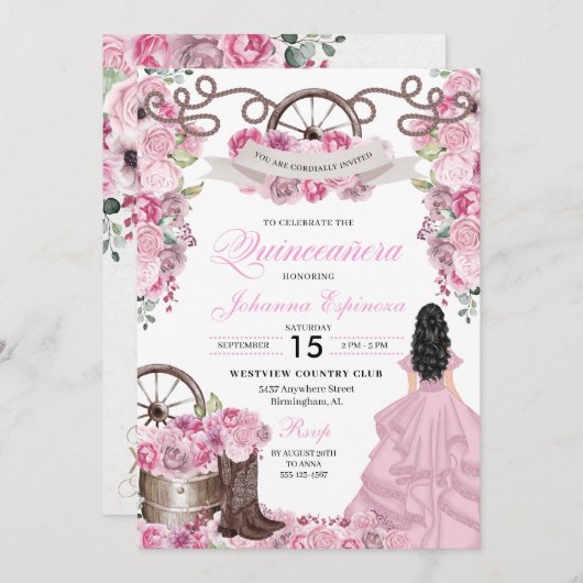 Roze Roze Westerse Ranchero Quinceanera Kaart (Voorkant / Achterkant)