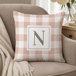 Roze Roze Wit Gingham Geruit Monogram Initiaal Kussen