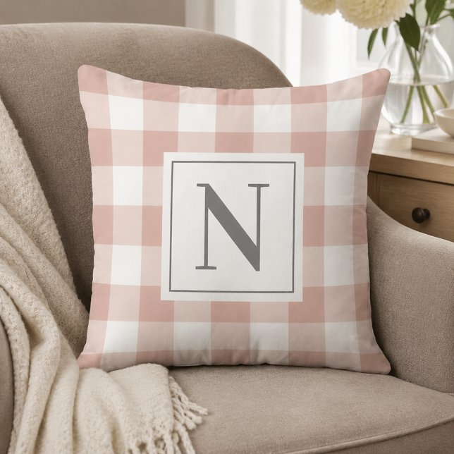 Roze Roze Wit Gingham Geruit Monogram Initiaal Kussen (Creator heeft geüpload)
