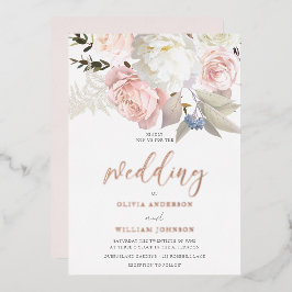 Roze Roze & Witte Bloemen Roze Gouden Bruiloft Folie Uitnodiging