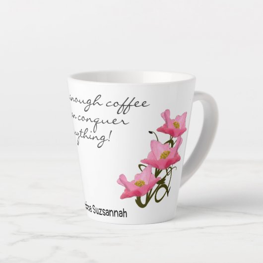 roze, roze zijkant, aangepaste tekst latte mok (Rechterhoek)