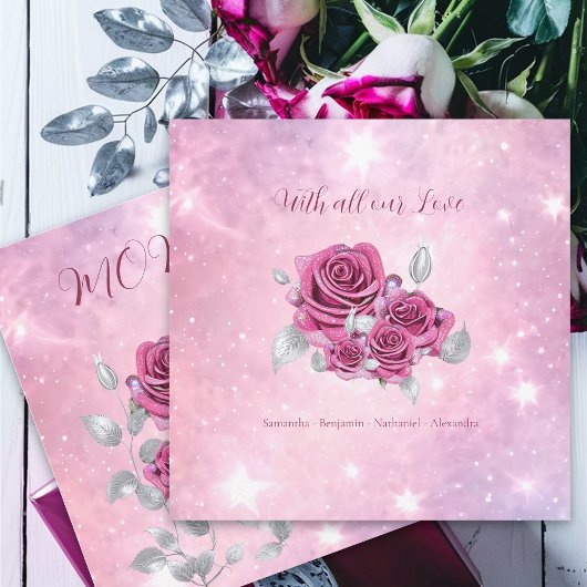 Roze Roze Zilveren Blad Sprankelend Gelukkige Moed Feestdagenkaart