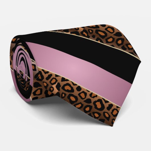 Roze roze, zwarte en luipvormige vormgeving stropdas (Opgerold)