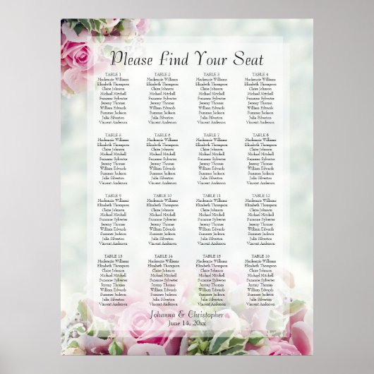 Roze rozen 16 Tafel-weddenschapenkaart Poster (Voorkant)