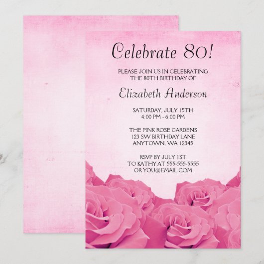  roze rozen 80e verjaardag kaart (Voorkant / Achterkant)