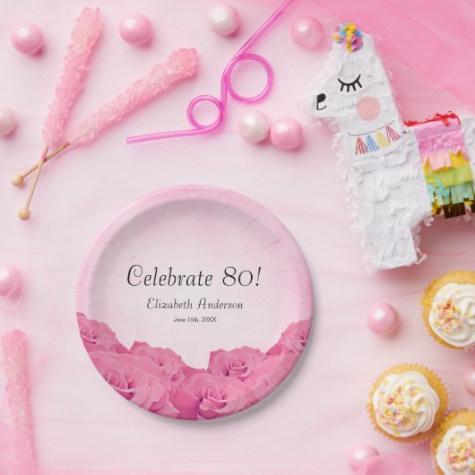  roze rozen 80e verjaardag papieren bordje (Feest)