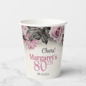  Roze Rozen 80ste Verjaardag Papieren Bekers (Achterkant)