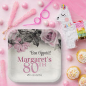 Roze Rozen 80ste Verjaardag Papieren Bordje (Feest)