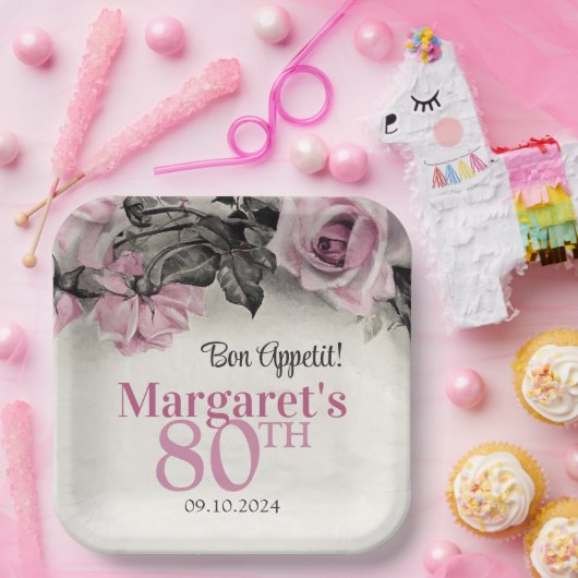  Roze Rozen 80ste Verjaardag Papieren Bordje (Feest)