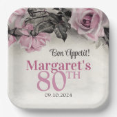 Roze Rozen 80ste Verjaardag Papieren Bordje (Voorkant)