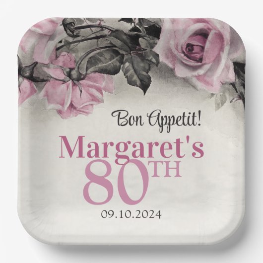 Roze Rozen 80ste Verjaardag Papieren Bordje (Voorkant)