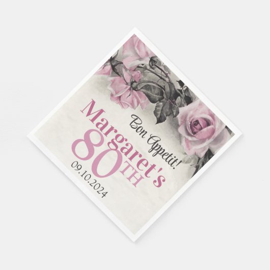  Roze Rozen 80ste Verjaardag Servet (Hoek)