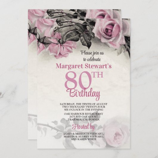  Roze Rozen 80ste Verjaardagsuitnodiging Kaart (Voorkant / Achterkant)
