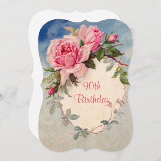 , Roze Rozen, 90e Verjaardag, Uitnodiging (Voorkant / Achterkant)