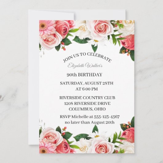 Roze Rozen 90ste Verjaardagsfeest Uitnodiging Vrou (Voorkant)