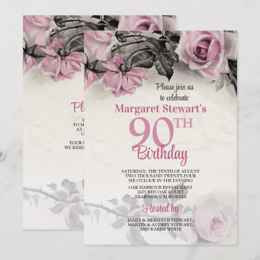 Roze Rozen 90ste Verjaardagsuitnodiging Kaart (Voorkant / Achterkant)