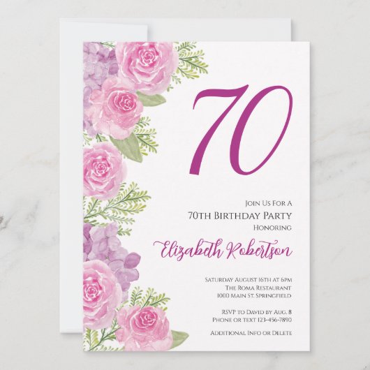 Roze Rozen Aangepaste Foto Sjabloon 70e Verjaardag Kaart (Voorkant)