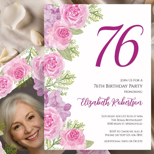 Roze rozen aangepaste foto sjabloon 76ste verjaard kaart