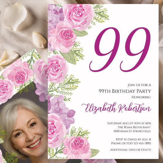 Roze rozen aangepaste foto sjabloon 99ste verjaard kaart