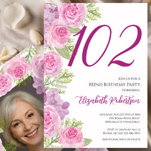 Roze rozen aangepaste fotosjabloon 102e verjaardag kaart