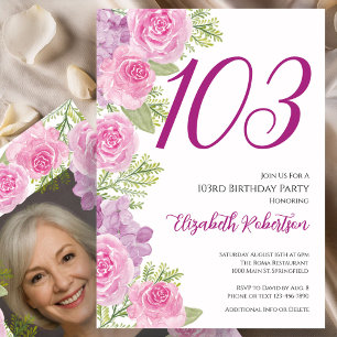 Roze rozen aangepaste fotosjabloon 103e verjaardag kaart