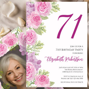 Roze rozen aangepaste fotosjabloon 71ste verjaarda kaart